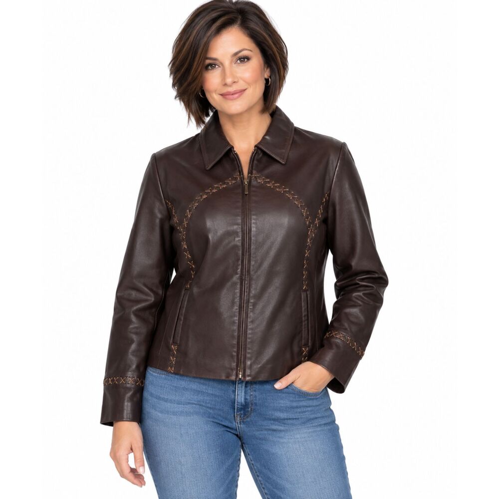 MONTANACO Large Chocolate Brown Zip Front X Laced Lined Leather Jacket